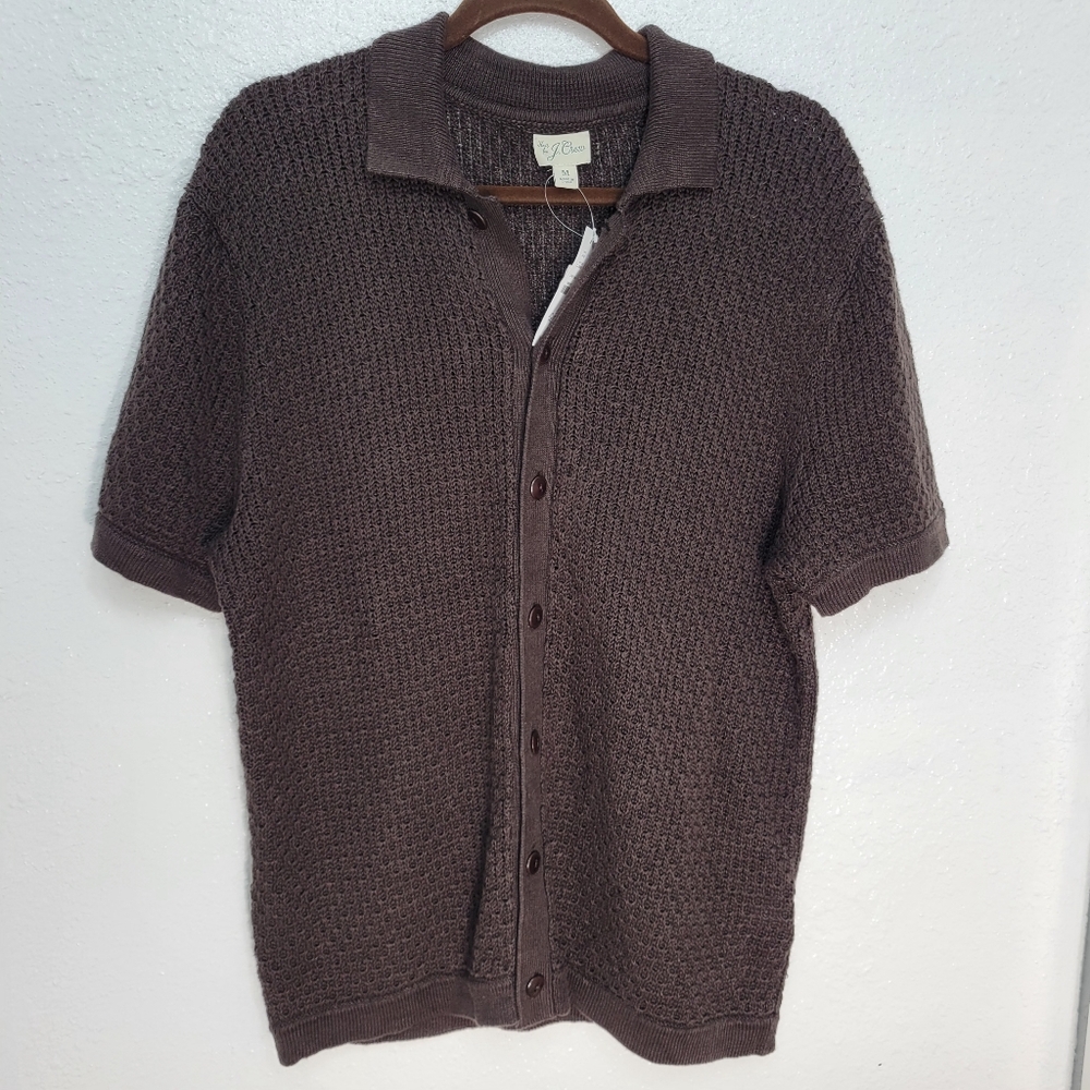 J Crew Short-sleeve linen texture-stitch cardigan sweater-polo Size M Brown NWT - Picture 2 of 5